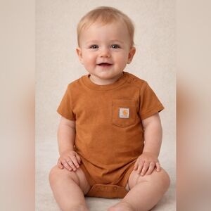 CARHARTT Caramel Brown Cotton Short-Sleeve Baby Bodysuit Jumper w Snaps - SZ 12m
